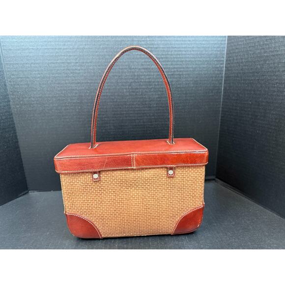 Kenneth Cole Leather and Straw Basket Top Handle Handbag Purse - Picture 4 of 16